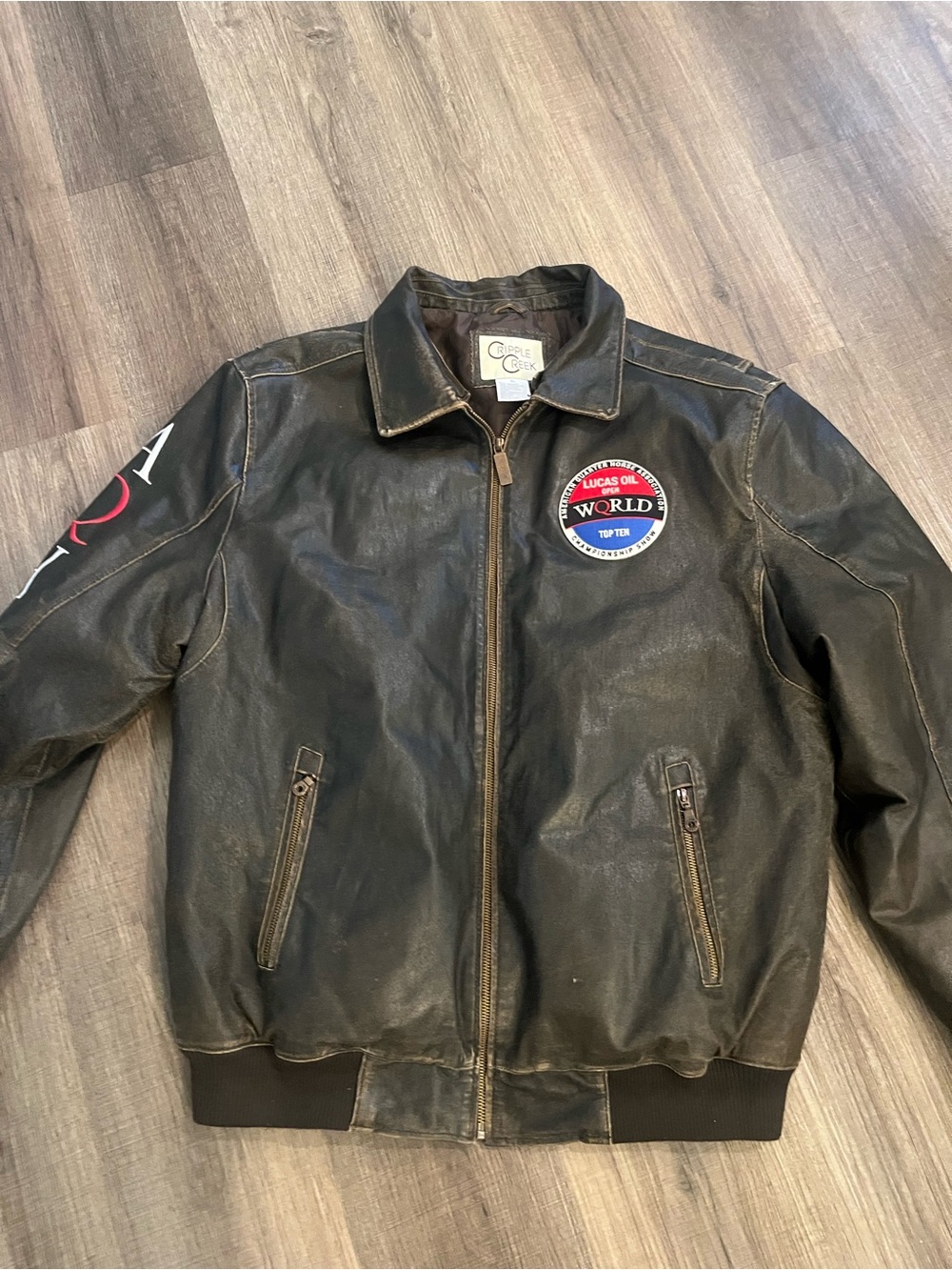 Men's Black Leather Bomber Jacket with Patch Detail